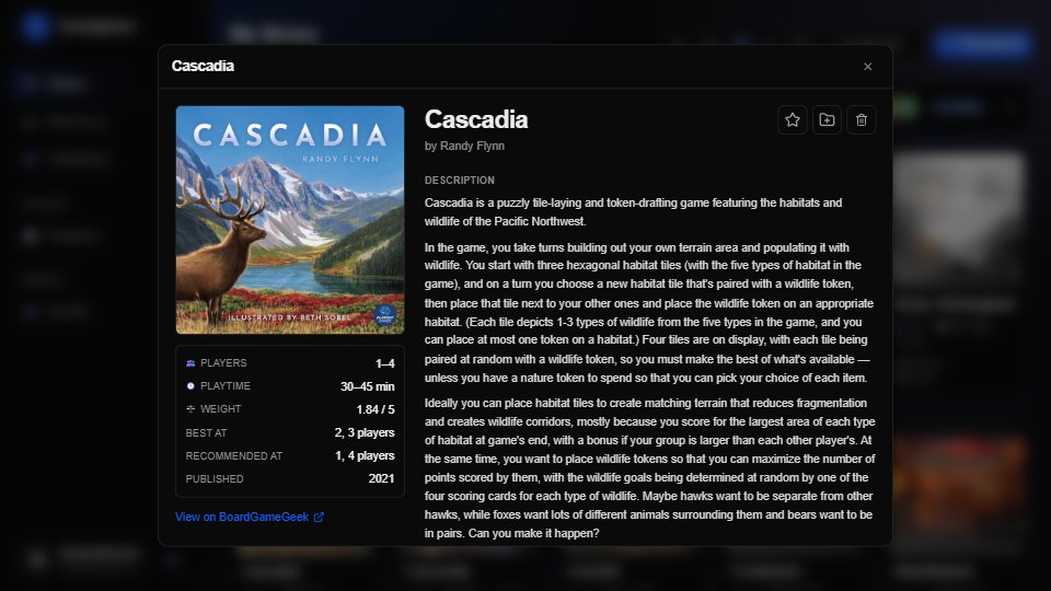 Cascadia's details: its cover art, designer, player count, playtime, weight and description from BoardGameGeek.