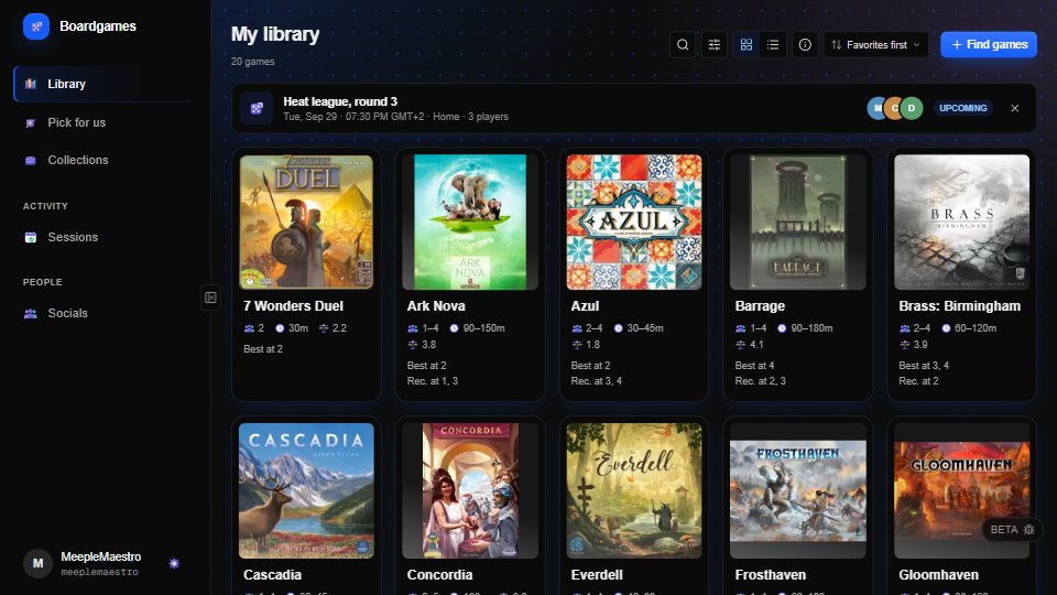 The library: a grid of board games, each with its cover art, player count, playtime and weight.