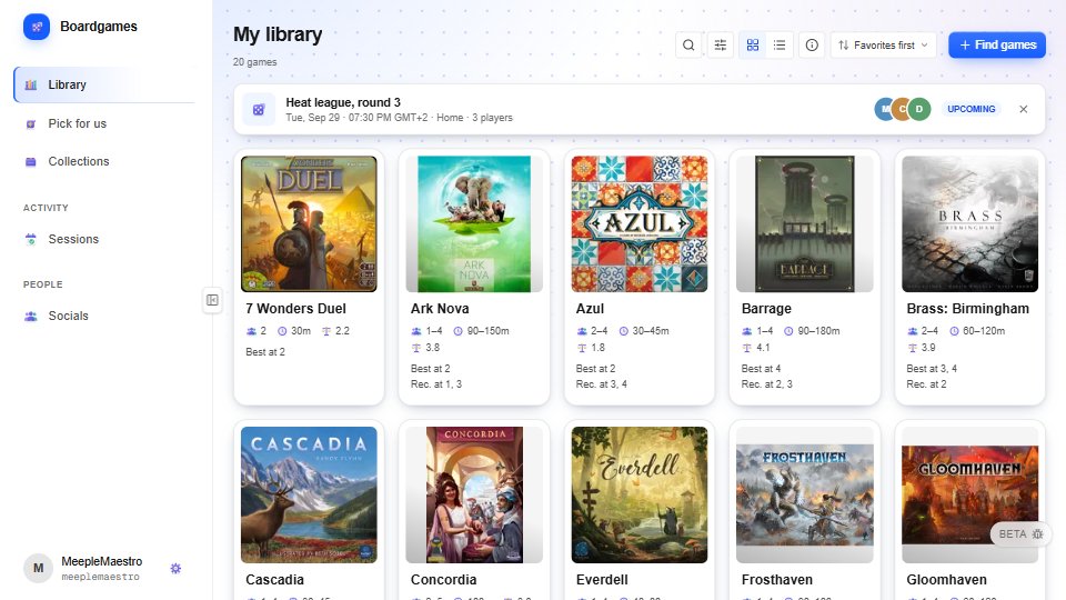 The library: a grid of board games, each with its cover art, player count, playtime and weight.