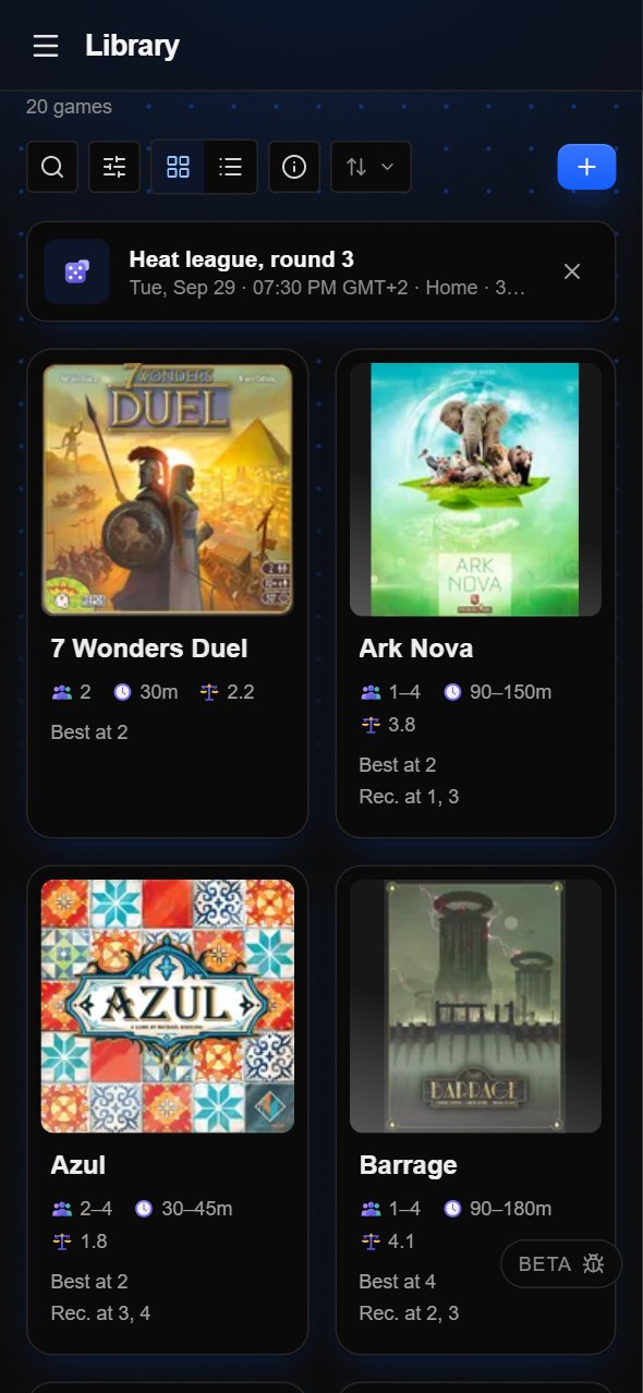 The library: a grid of board games, each with its cover art, player count, playtime and weight.