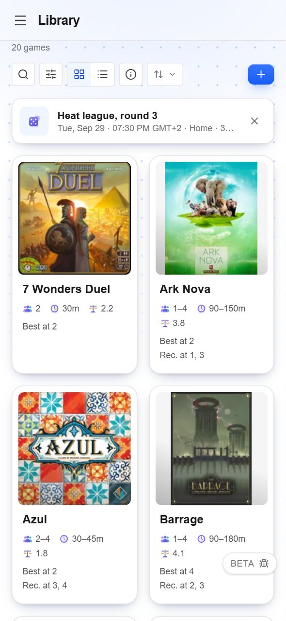 The library: a grid of board games, each with its cover art, player count, playtime and weight.