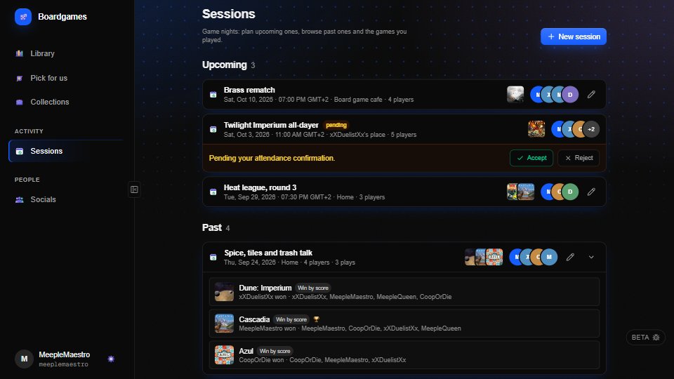Game nights: upcoming nights with an open invite, and a past night unfolded to show its three plays and who won each.