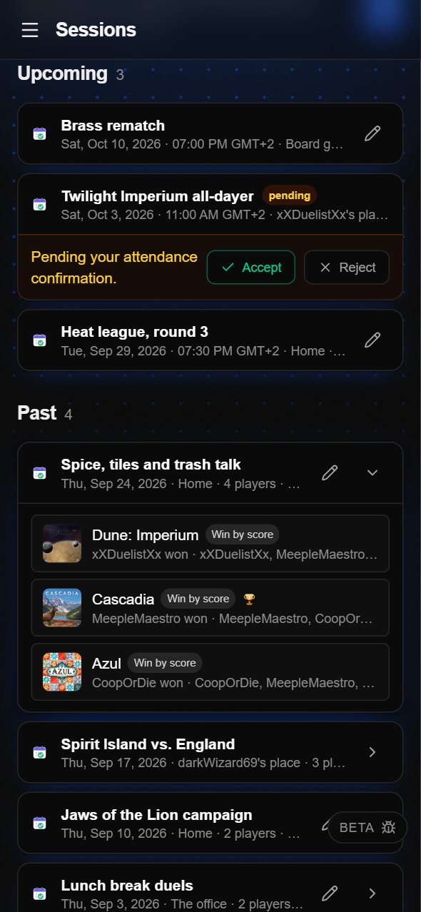 Game nights: upcoming nights with an open invite, and a past night unfolded to show its three plays and who won each.