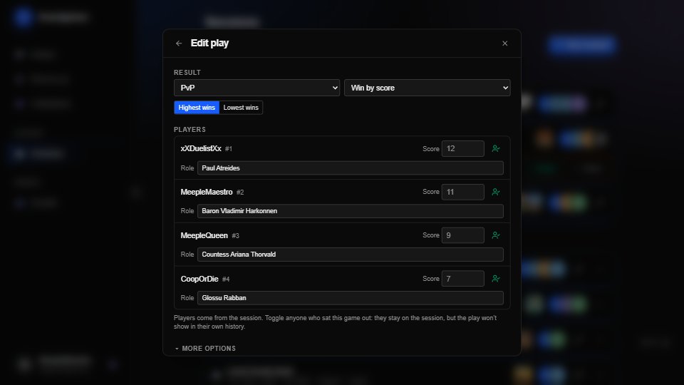 The play form for Dune: Imperium: win by score, four players, each with a score and the leader they played.