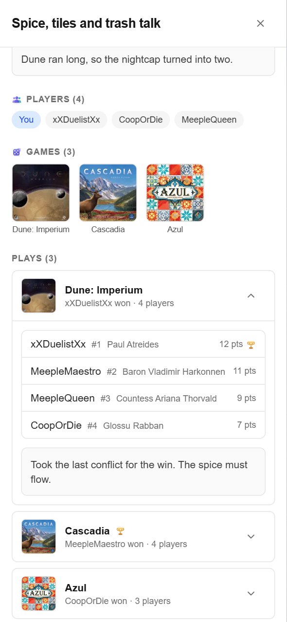 A past game night with its Dune: Imperium result open: four players ranked by score, each with the leader they played, and a note.
